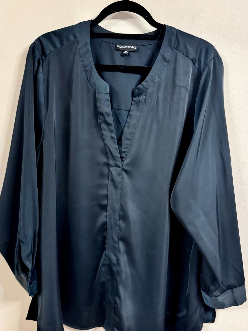 Modern Works Navy Satin Split-Neck Blouse